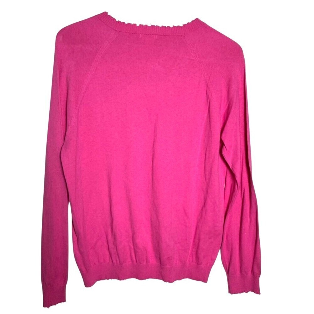 Minnie Rose  V-Neck Sweater Size Medium hot Pink Cashmere blend Frayed Edge - Picture 4 of 8